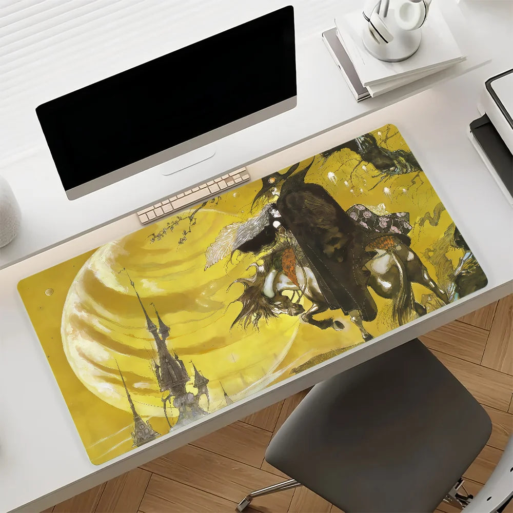 Gaming Mouse Pad, Large Desk Mat, Anti-slip Rubber Base, Stitched Edges, Golden Fantasy Art Print for Gaming & Office Desk Use