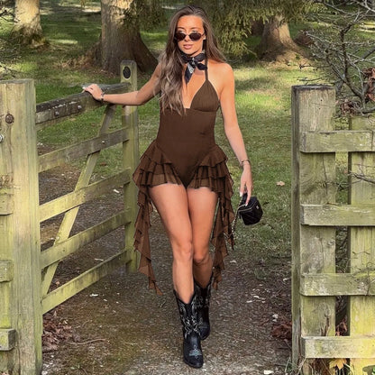 Women's Jumpsuits & Rompers Halter V Neck Backless Ruffle Mini Overalls for Women Elegant Bodysuit Clearance Woman Clothing