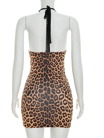 Kricesseen Sexy Leopard Mesh Patchwork Mini Dress Women Bandage Sleeveless Bodycon Dress Backless Clubwear Vestidos