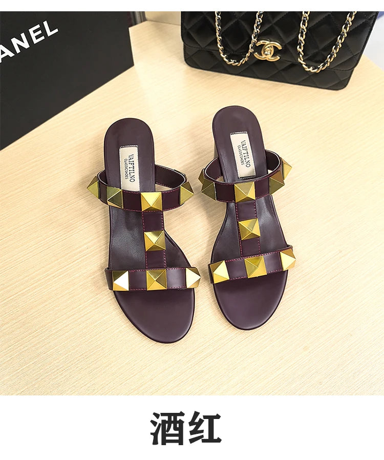 Women's Heels Sandals Gladiator Summer Luxury Brand Designer Rivets Open Toe Slipper Slingbacks Comfortable Ladies Shoes Women