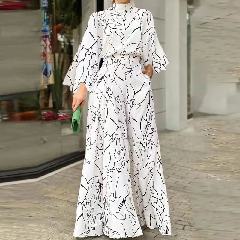 Casual Elegant Jumpsuits Women Autumn New Loose Long Pants Long Sleeve Printed High Waist Wide Leg Jumpsuit Commuting Playsuits