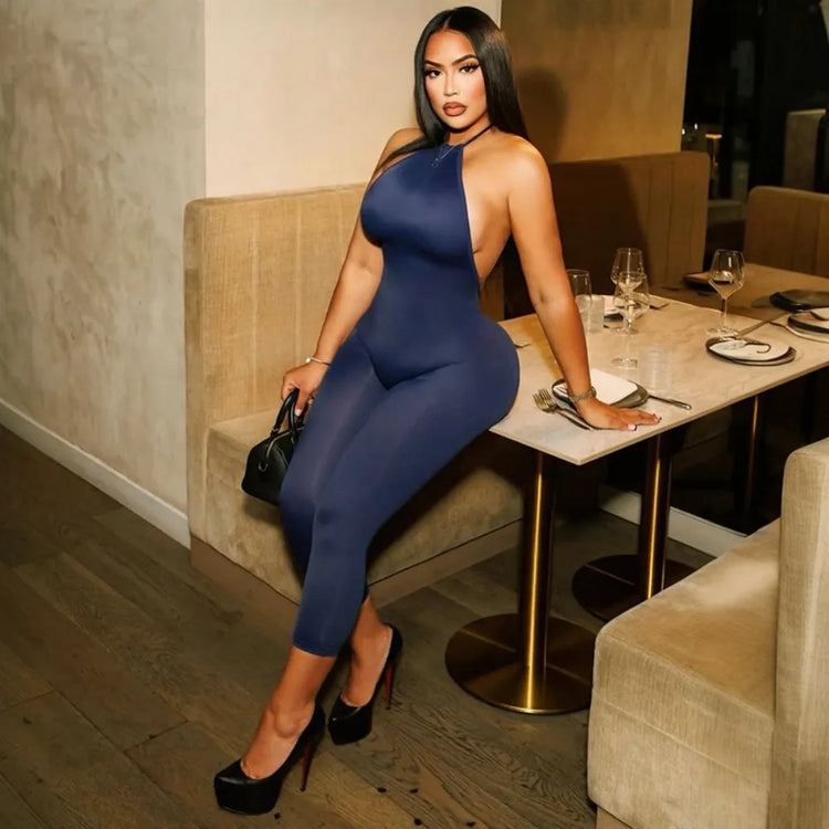 FLARORA Sexy Halter Backless Skinny Jumpsuits Woman Solid Color Slim Fit Capri Jumpsuit Hottie Midnight Street Clubwear Overalls