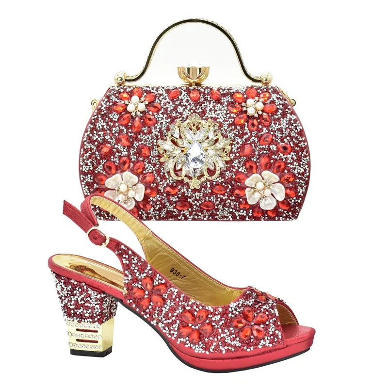 Nigerian Shoes and Matching Bags Sales in Women Matching Shoes and Bag Set for Party Rhinestone Wedding Shoes for Women Bride