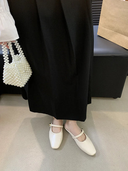 Soft Leather 2025 Ins Silver Buckle Strap Casual Shoes Fashion Flats Elegant Glitter Metallic Mules Shoes Cover Toe Slippers