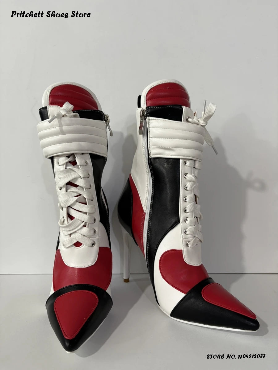 Women's Sports Style Stiletto Booties Patchwork Cross-tied Trending Ankle Boots Pointed Toe Thin Heels Side Zip Plus Size Shoes