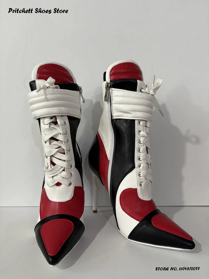Women's Sports Style Stiletto Booties Patchwork Cross-tied Trending Ankle Boots Pointed Toe Thin Heels Side Zip Plus Size Shoes