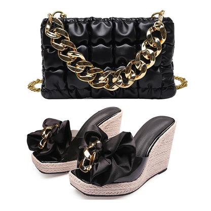 2026 New Style Designer Luxury Ladies Slippers Shoes Bag Set High Quality Women Pumps Chain Sandals Shoes Purse Set Black Heels