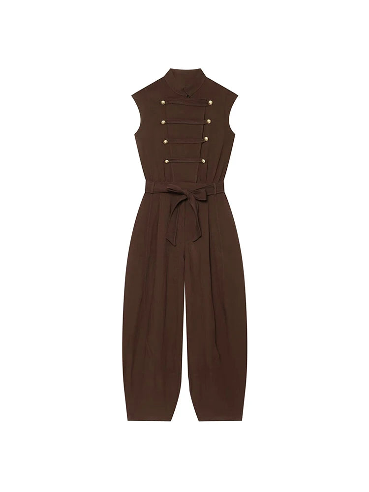 TFMLN Fashion Double Breasted Jumpsuits for Women Stand Collar Sleeveless High Waist Long Pants With Belt Elegant Rompers