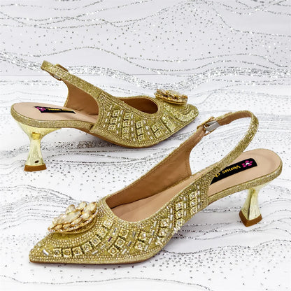 New Arrival Fashion Rhinestone Design Dreamy Color Pointed Toe Women High Heels and Bag Set For Party Wedding or Work