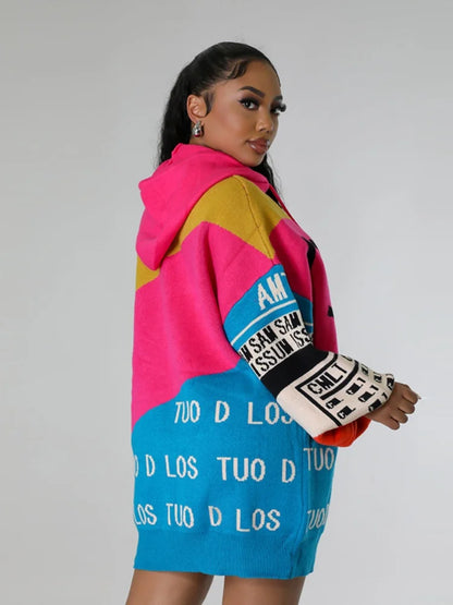 Oshfall European and American autumn and winter hooded drawstring long sleeves color matching letters loose long women's sweater