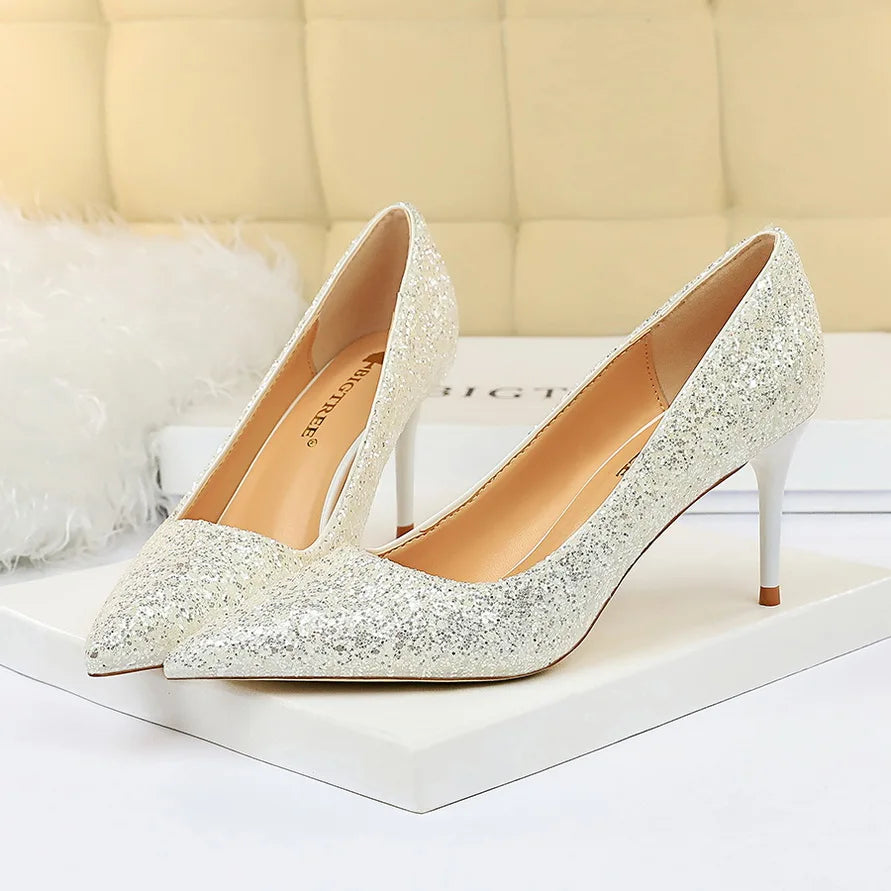 Women 7cm 9.5cm High Heels Pumps Wedding Bridal Scarpins Sparkly Mid Heels Lady Party Sequins Glitter Evening Gold Silver Shoes