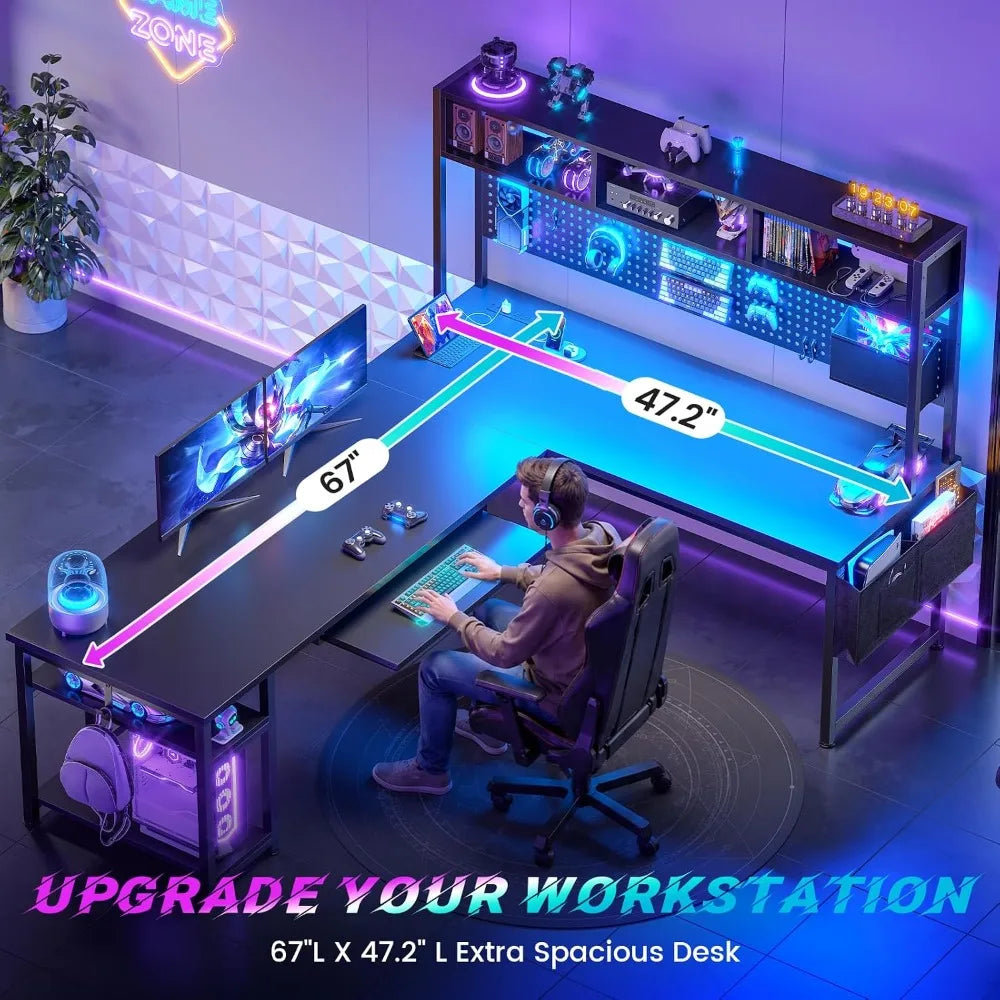 67" Reversible L Shaped Gaming Computer Desk, Pegboard, LED Lights, Power Outlet & Keyboard Tray for Home Office, Custom