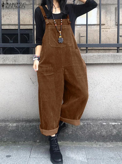 Autumn Corduroy Jumpsuits 2025 ZANZEA Women Overall Pants Casual Suspender Fashion Wide Leg Playsuits Rompers Streetwear Trouser