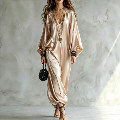 New Spring Autumn Solid V Neck Batwing Sleeve Loose Jumpsuit Women Fashion Satin Wide Leg Pants Jumpsuits Casual Holiday Rompers