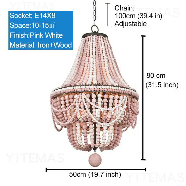 French Country white wood Bead Chandelier dining room bedroom princess Decorative chandelier 3/5 lights hanging light fixture