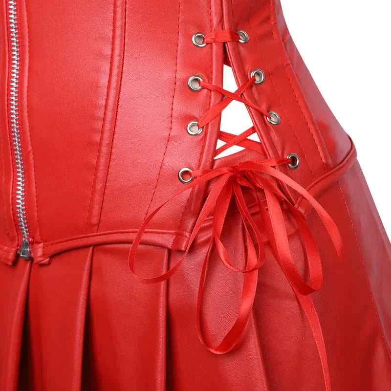 Sexy Leather Dresses Corsets Skirt Overbust Burlesque Front Zipper Gothic Punk Steampunk Bustier Lace Up Plastic Bones Korsett