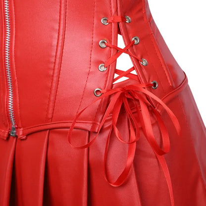 Sexy Leather Dresses Corsets Skirt Overbust Burlesque Front Zipper Gothic Punk Steampunk Bustier Lace Up Plastic Bones Korsett