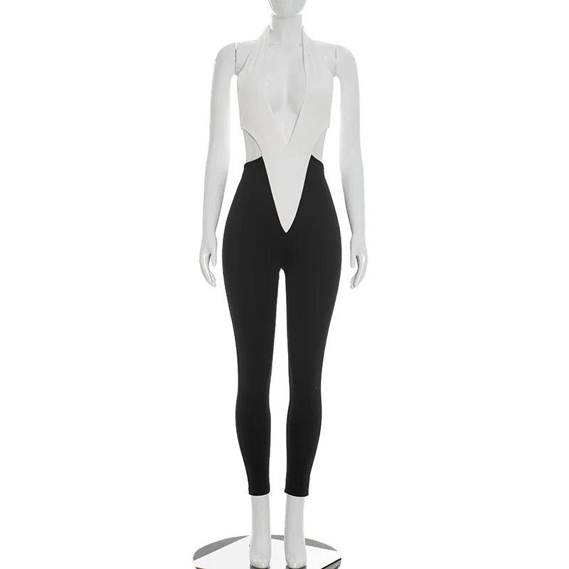 Patchwork Rave Outfit Woman Jumpsuits and Rompers Fancy Club Party Halter V-neck Backless Sleeveless Skinny One Piece Jumpsuit