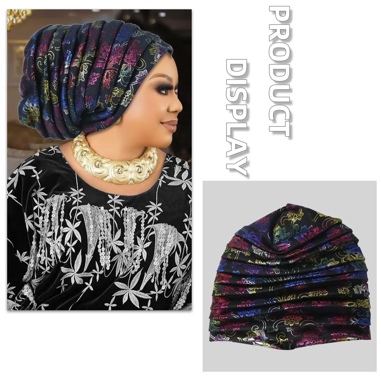 Glitter Full Body Pleated Turban Cap for Women 2025 Lady Head Wraps Muslim Headscarf Hat Turbante Mujer African Headpiece