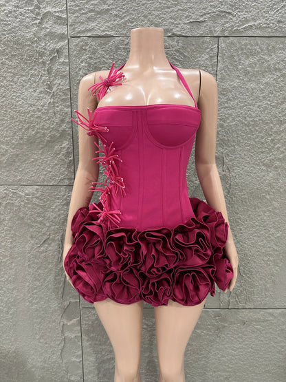 White Red Rose Color Women Sexy Strapless Full Florla Bodycon Mini Bandage Dress 2 Pieces Set Celebrate Nightclub Party Birthday