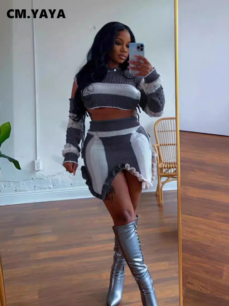 CM.YAYA Women's Set Knit Long Sleeve Crop Sweater + Irregular Mini Skirts 2025 Active Street Two 2 Piece Sets Outfits Tracksuit