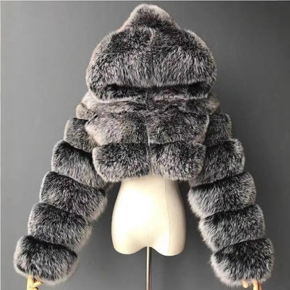 2026 Women Winter Plus Size Faux Fur Croped Coat Female Furry Hooded Long Sleeve Plush Jacket Lady Fake Fur Warm Fluffy Cardigan
