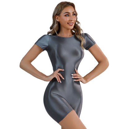 Women's Swimsuit One Piece Swimwear Oil Glossy Stretchy Gym Fitness Long Sleeve Round Neck Tights Leotard Bodysuit Clubwear