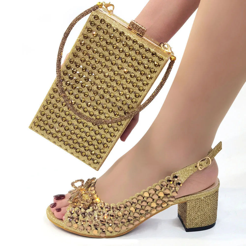 2024 New Italian Design Full Drill Elegant Wine Evening High Heels Wedding Party Shoes Matching Clutch Handbag