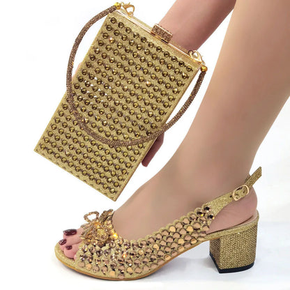 2024 New Italian Design Full Drill Elegant Wine Evening High Heels Wedding Party Shoes Matching Clutch Handbag