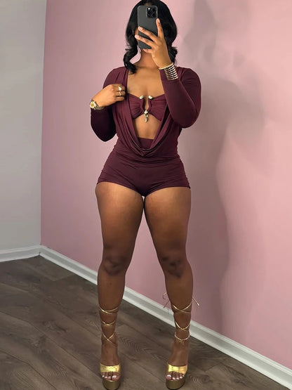 Sisterlinda Swinging Neck Playsuits Women Solid Metal Splice Cleavage Full Sleeve Stretch Sexy Slim Romers Chic Trend Clubwear