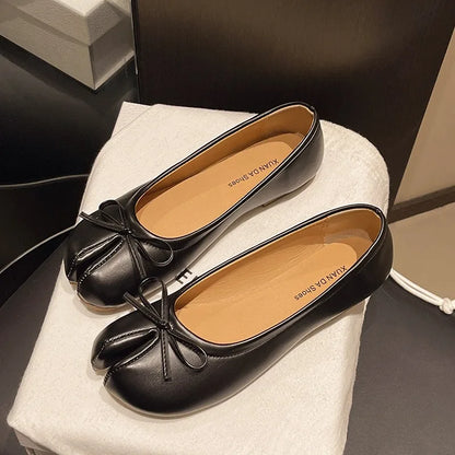 Luxury Brand Spring Retro Women's Bow Split Hoof Toe Single Shoes Comfortable Rubber Bottom Ladies Tabi Ninja Ballet Flat Shoes