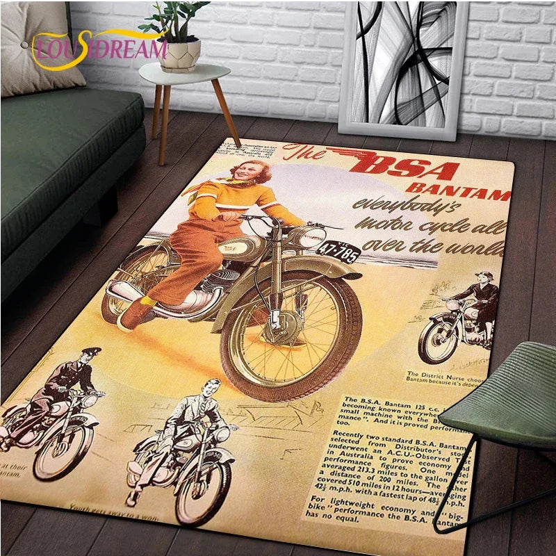 Retro Motorcycle Area Rug Carpet Moto Fans Non-slip Large Door Step Mat Bathmat for Living Room Bedroom Entrance Home Decoration