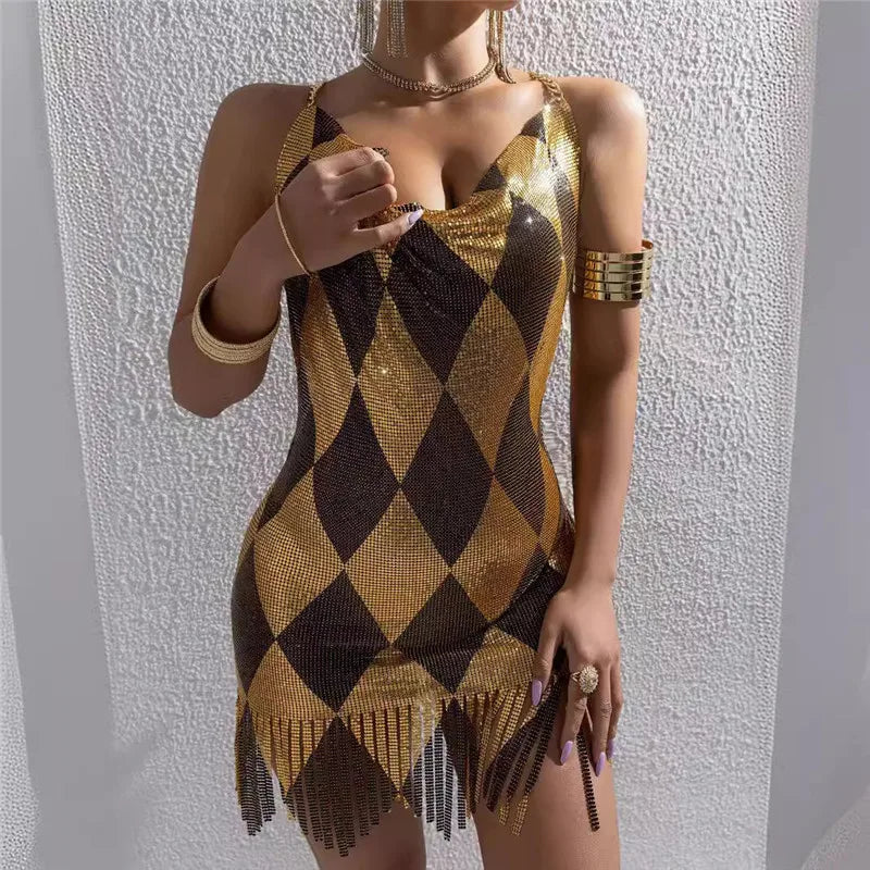 Women Glitter Diamond Metal Mesh Bodycon Mini Dress Halter Chain Back Fringe Hem Night Club Bar Birthday Party Evening Dress