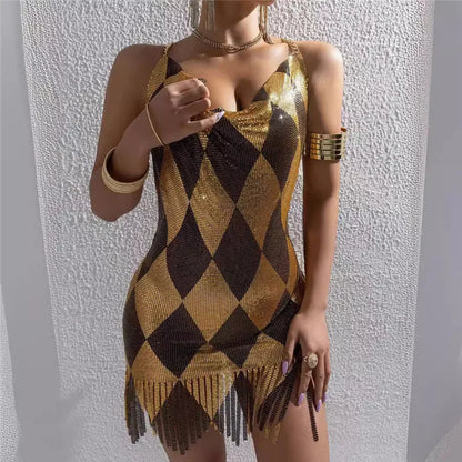 Women Glitter Diamond Metal Mesh Bodycon Mini Dress Halter Chain Back Fringe Hem Night Club Bar Birthday Party Evening Dress