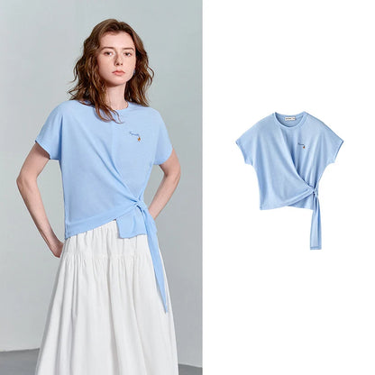 TOYOUTH Women's Asymmetric Wrap Tie T-Shirt 2026 Summer New Long Sleeve Starfish Print Loose Pullover Top