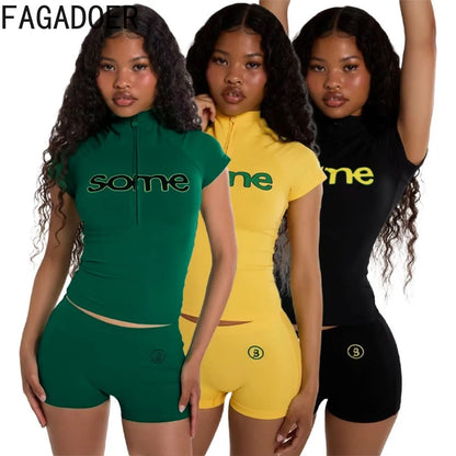 FAGADOER Fashion Letter Print Shorts 2 Piece Suits Casual Zipper Stand Collar Crop Top + Bodycon Shorts Outfits Streetwear Sets