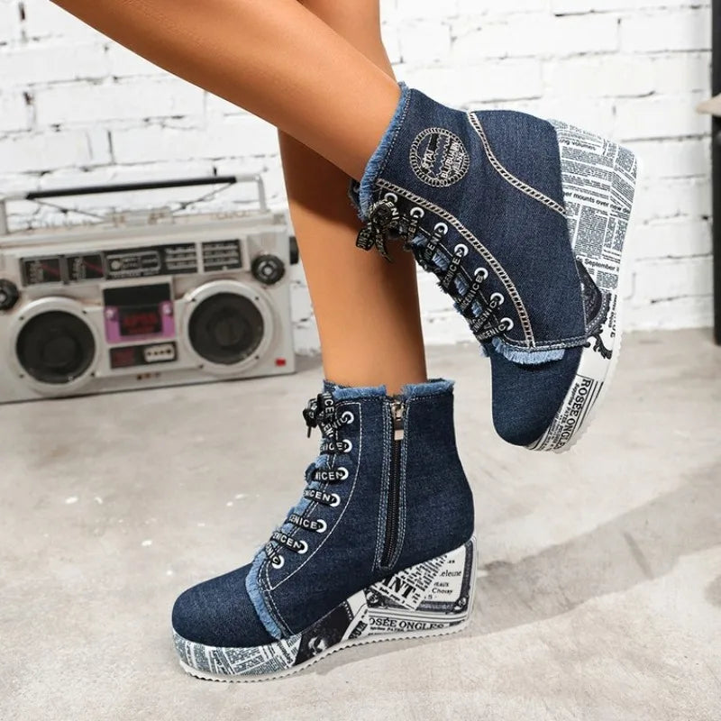 Women's Wedge Sneakers High Top Round Toe Denim-Look Lace-Up Side Zipper Letter Print Detail Casual Platform Ankle Boots 2026