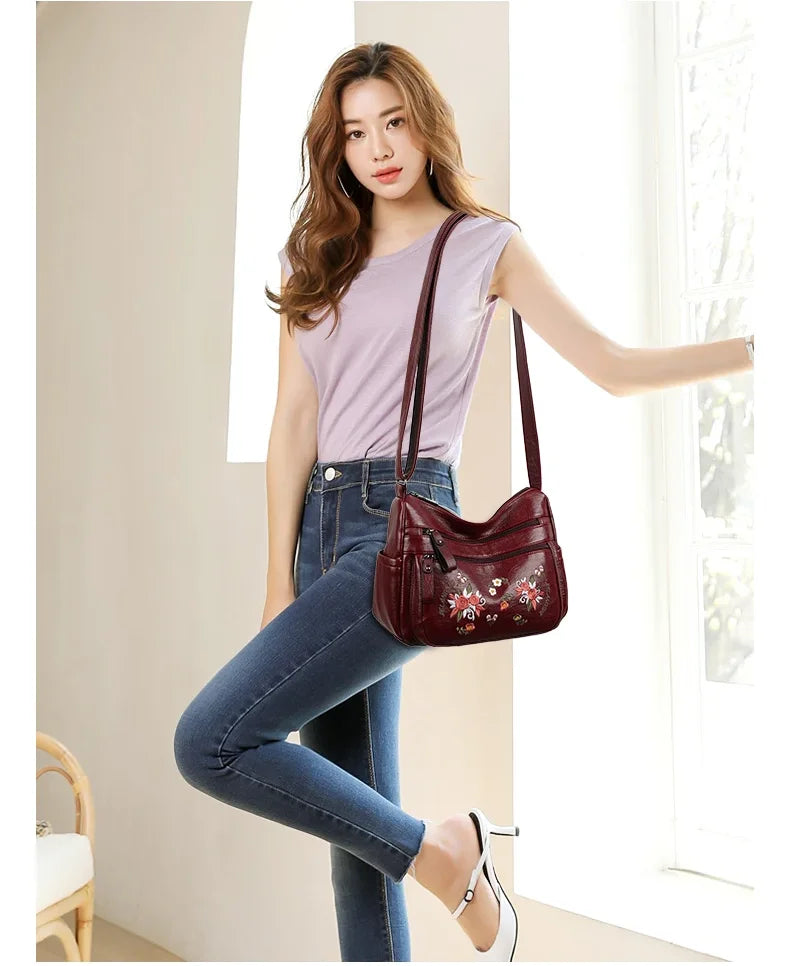 Embroidery Flowers Shoulder Messenger Bag Female Handbags Luxury Designer Purses Soft PU Leather Crossbody Women's Evening Bag