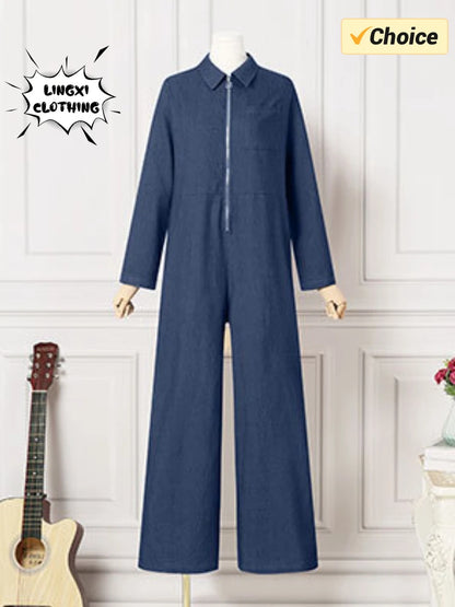 2024 Spring New Women's Jumpsuit Street Style Retro Washed Denim Fabric Lapel Half Open Long Sleeved Women's Jumpsuit