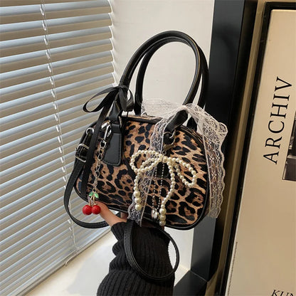 Vintage Leopard Pu Shoulder Bags for Women Portable Trendy Ladies Crossbody Bag Lace Pearl Pendant Female Bowling Handbags