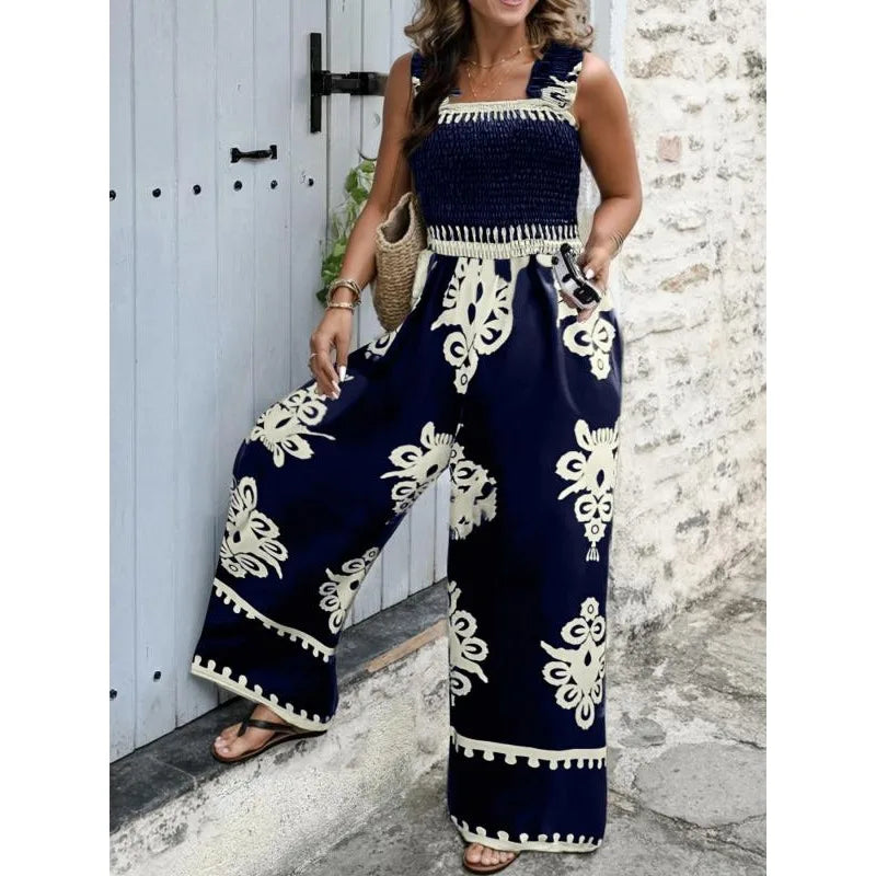 Plus Size Women's Chic Graphic Printing Sleeveless Square Neck Full Length Wide Leg Vacation Jumpsuits For Women