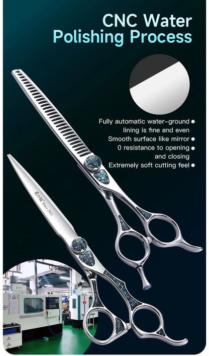 Fenice King Series 7/7.5Inch VG10 Shell Bearing Screws Dog Trimming Grooming Straight Curved Thinner Chunker Pet Scissors Tools
