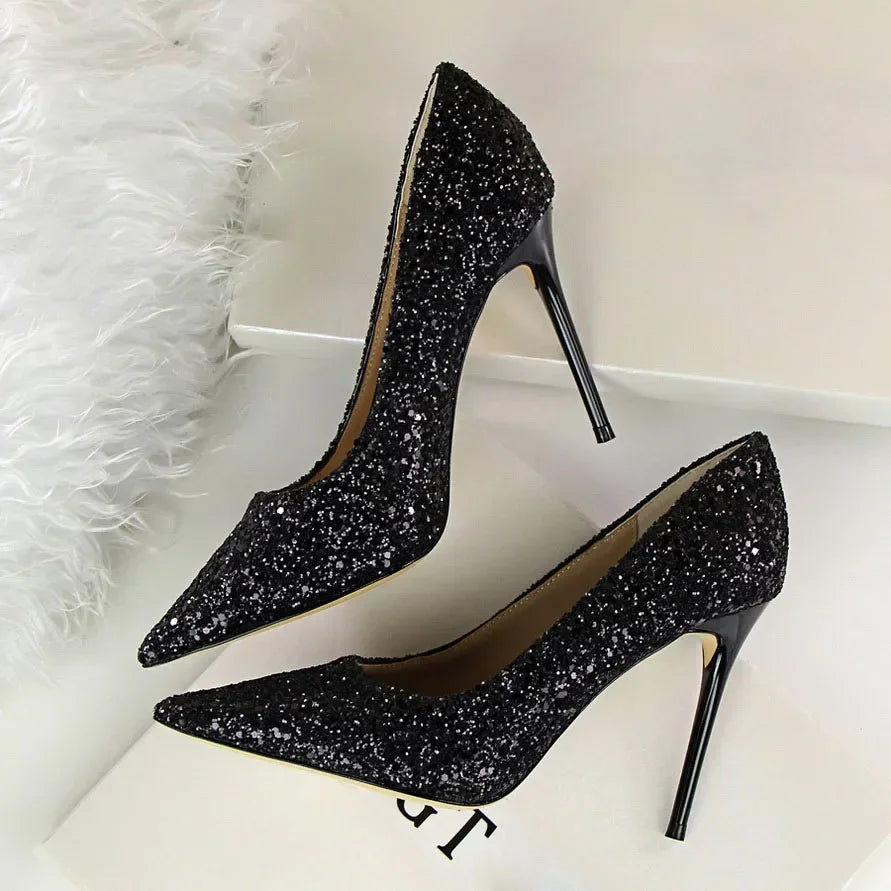 Women Luxury Bling Red  Blue Valentine Party Scarpins Pumps Lady Glitter Sequins 7cm 9.5cm High Heels Designer Shoes Plus Size