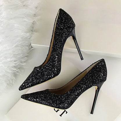 Women Luxury Bling Red  Blue Valentine Party Scarpins Pumps Lady Glitter Sequins 7cm 9.5cm High Heels Designer Shoes Plus Size