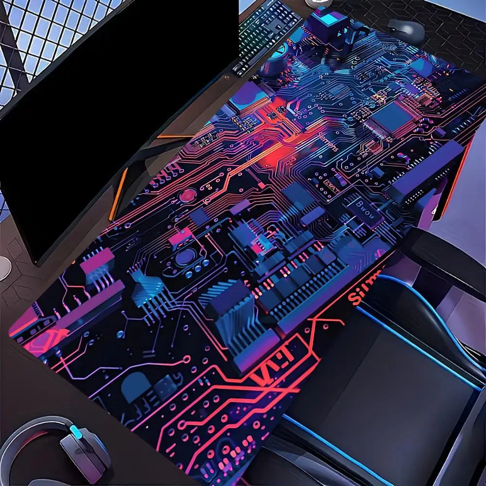 Large Gaming Mouse Pad Futuristic Tech Circuit Board Neon Chip XXL Non-Slip Rubber Keyboard Deskmat Electronic Office Table Mat