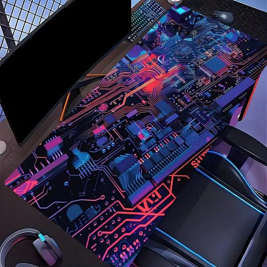 Large Gaming Mouse Pad Futuristic Tech Circuit Board Neon Chip XXL Non-Slip Rubber Keyboard Deskmat Electronic Office Table Mat