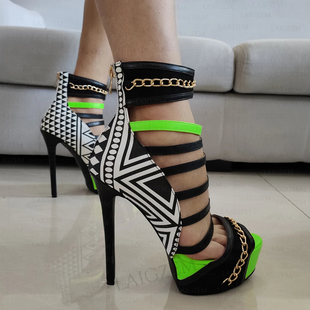 LAIGZEM Women Platform Sandals Back Zip Stiletto High Heels Pumps Multi Colors Prom Ladies Shoes Woman Big Size 41 43 44 46 52