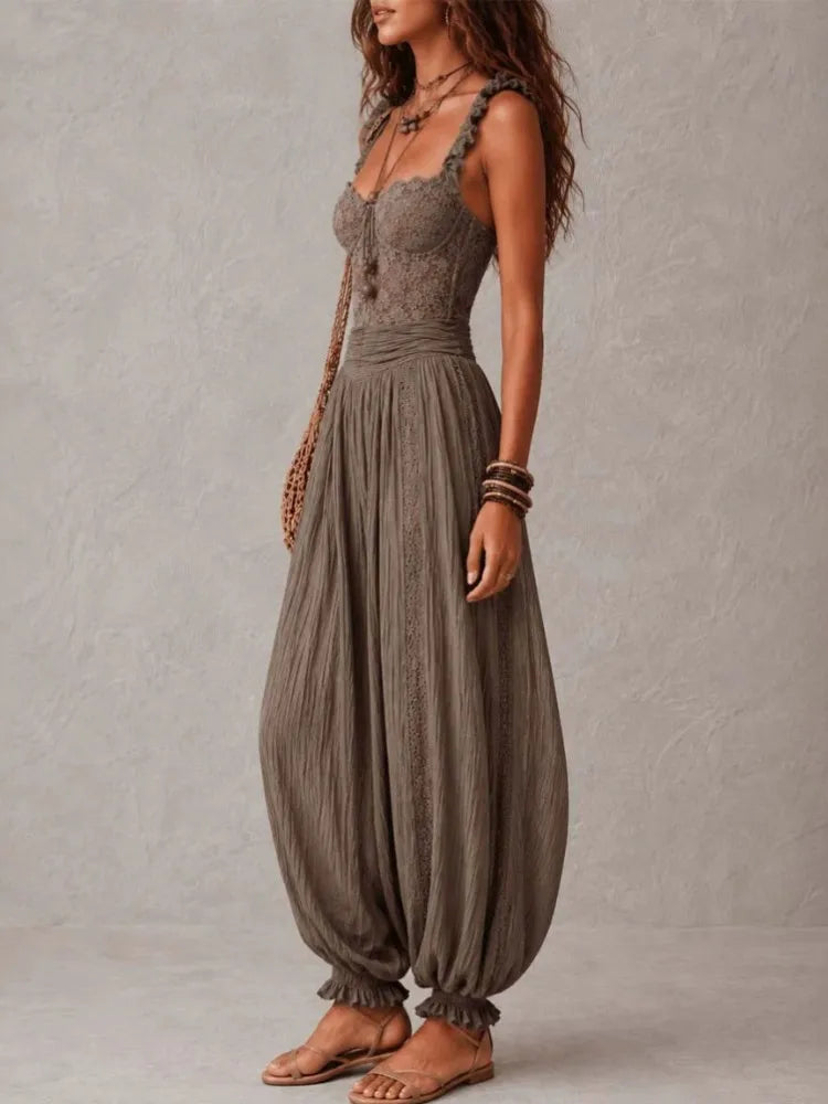 Solid Women Lace Jumpsuits For Spring Summer Sleeveless Slash Neck Loose Fashion Streetwear Overalls Pants Trousers 2026