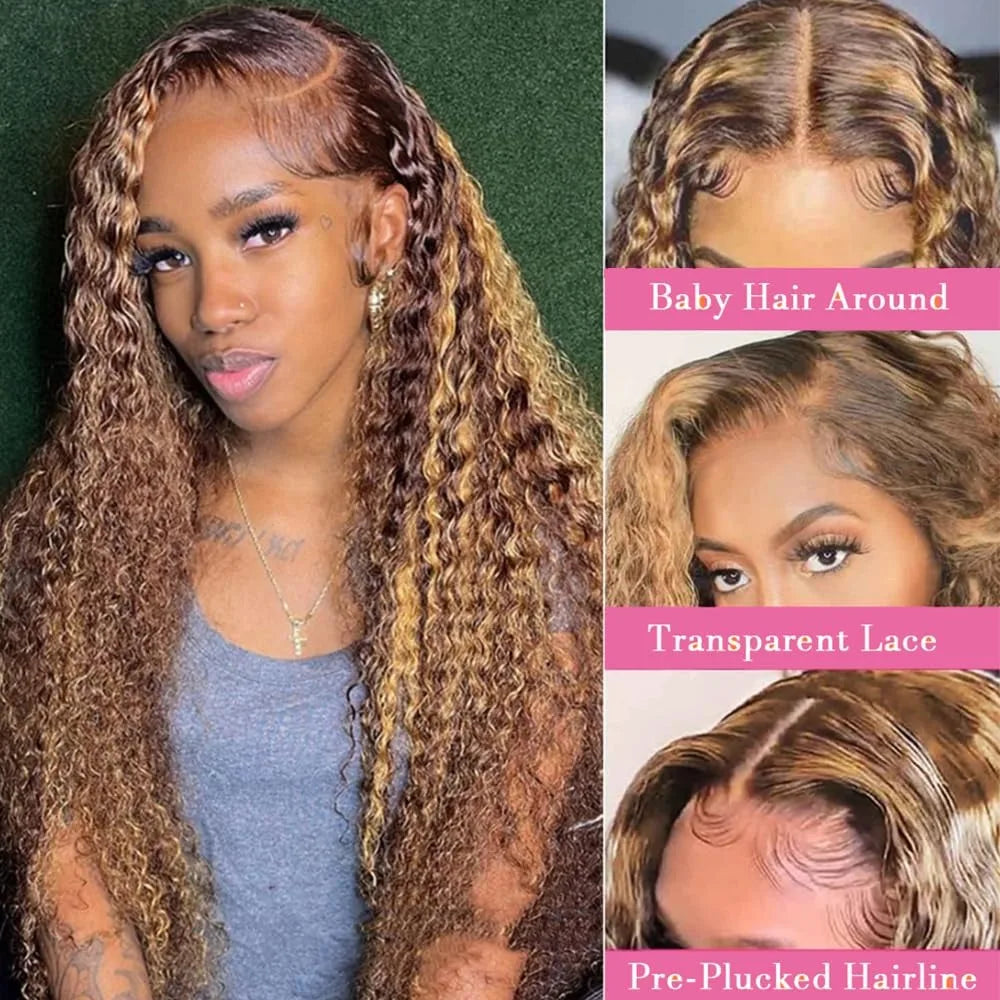30 Inch 250 Density Highlight Honey Brown Curly Lace Front Human Hair Wigs 13x6 13x4 Ombre Colored Deep Wave Lace Frontal Wig