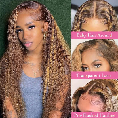 30 Inch 250 Density Highlight Honey Brown Curly Lace Front Human Hair Wigs 13x6 13x4 Ombre Colored Deep Wave Lace Frontal Wig